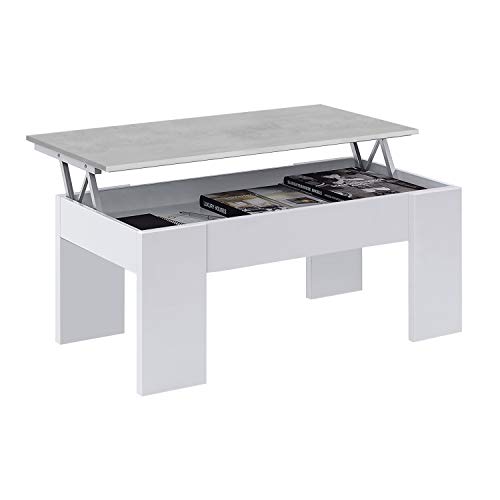 Mesa de Centro Elevable, Mesita de Salón o Comedor, Modelo LC, Acabado en Color Blanco Artik y Cemento, Medidas: 100 cm (Ancho) x 50 cm (Fondo) x 45-56 cm (Alto)