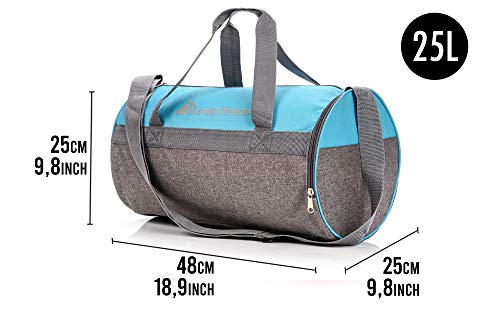 meteor Bolsa Deporte Viaje Gimnasio con Compartimento Separado para Zapatos Duffle Bag para Hombre Mujer Ultraligera Plegable Bolsa Deportiva 25 L Yoga Bolsa Fin de Semana (Azul/Melange Gris, 25 L)