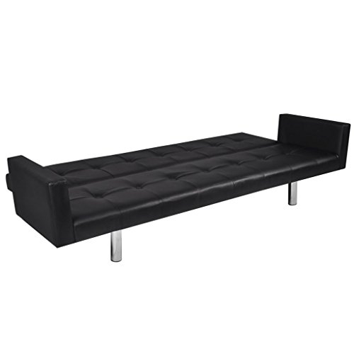 mewmewcat Sofá Cama Estructura de Madera + Tapicería de Cuero Artificial Negro 184 x 77,5 x (60,5/64 / 66,5) cm