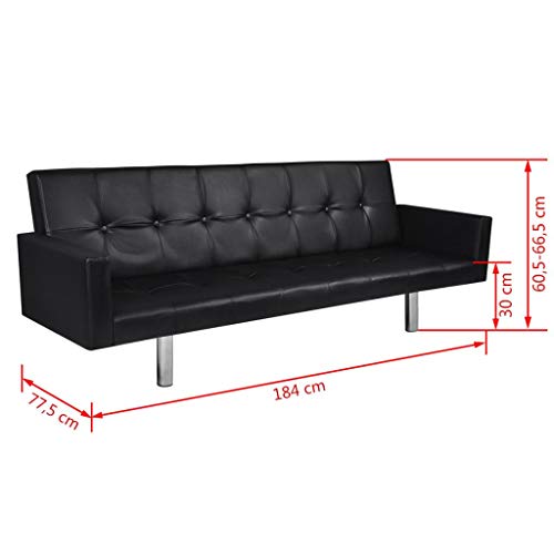 mewmewcat Sofá Cama Estructura de Madera + Tapicería de Cuero Artificial Negro 184 x 77,5 x (60,5/64 / 66,5) cm