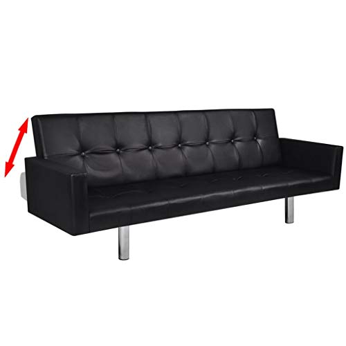 mewmewcat Sofá Cama Estructura de Madera + Tapicería de Cuero Artificial Negro 184 x 77,5 x (60,5/64 / 66,5) cm