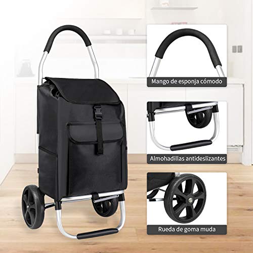 mfavour Carrito de Compras, Carro Compra Estable Carrito Compra Plegable Push/Pull, Carrito de Compras 2 Ruedas con Bolsa Oxford Desmontable, 45 l, Negro