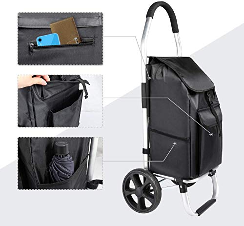 mfavour Carrito de Compras, Carro Compra Estable Carrito Compra Plegable Push/Pull, Carrito de Compras 2 Ruedas con Bolsa Oxford Desmontable, 45 l, Negro