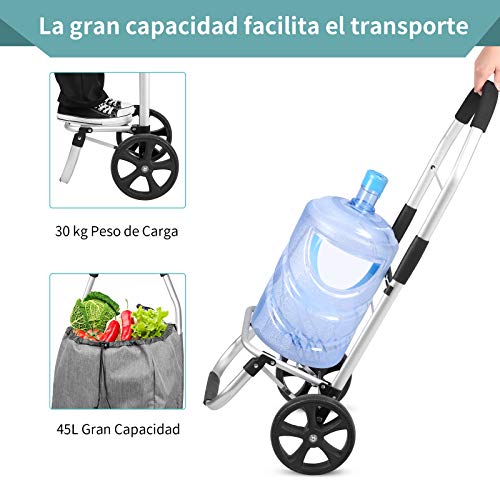 mfavour Carrito de Compras, Carro de Compra Multifuncional, Carrito Compra Plegable Push/Pull, Carritos de Compras 2 Ruedas con Bolsa Oxford Desmontable, 45 l, Verde