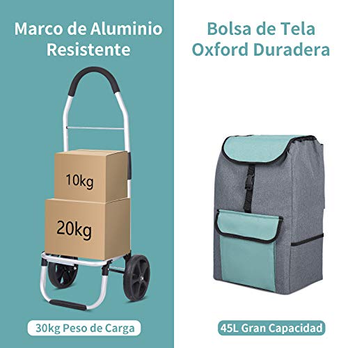 mfavour Carrito de Compras, Carro de Compra Multifuncional, Carrito Compra Plegable Push/Pull, Carritos de Compras 2 Ruedas con Bolsa Oxford Desmontable, 45 l, Verde