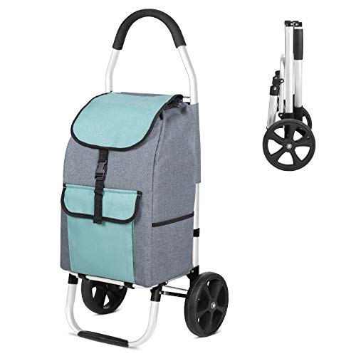 mfavour Carrito de Compras, Carro de Compra Multifuncional, Carrito Compra Plegable Push/Pull, Carritos de Compras 2 Ruedas con Bolsa Oxford Desmontable, 45 l, Verde