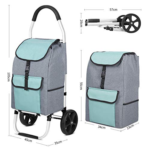 mfavour Carrito de Compras, Carro de Compra Multifuncional, Carrito Compra Plegable Push/Pull, Carritos de Compras 2 Ruedas con Bolsa Oxford Desmontable, 45 l, Verde