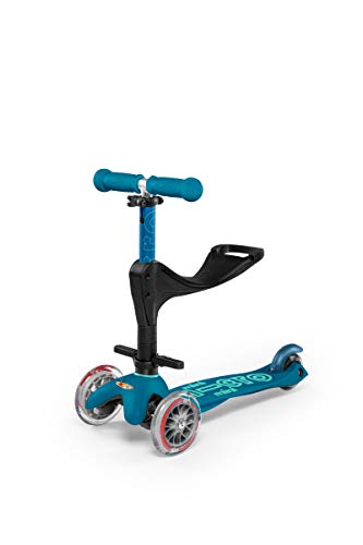 Micro® Mini 3en1 Deluxe Plus. El Original. Patinete evolutivo 3 Ruedas, 1 - 5 años, Manillar Regulable 48-68cm, Asiento + Reposapiés + Bastón de Empuje (Azul Hielo)