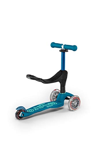 Micro® Mini 3en1 Deluxe Plus. El Original. Patinete evolutivo 3 Ruedas, 1 - 5 años, Manillar Regulable 48-68cm, Asiento + Reposapiés + Bastón de Empuje (Azul Hielo)