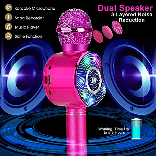 Micrófono Karaoke Bluetooth, FISHOAKY 4 en1 Microfono Inalámbrico Altavoces con Luces LED, Portátil Karaoke para Niños Cantar, Función de Eco, Compatible con Android/iOS Teléfono