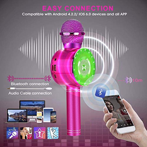 Micrófono Karaoke Bluetooth, FISHOAKY 4 en1 Microfono Inalámbrico Altavoces con Luces LED, Portátil Karaoke para Niños Cantar, Función de Eco, Compatible con Android/iOS Teléfono