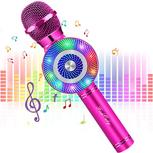 Micrófono Karaoke Bluetooth, FISHOAKY 4 en1 Microfono Inalámbrico Altavoces con Luces LED, Portátil Karaoke para Niños Cantar, Función de Eco, Compatible con Android/iOS Teléfono