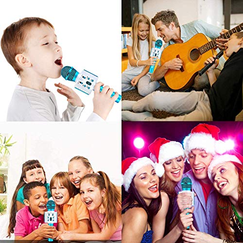 Micrófono Karaoke Bluetooth, FISHOAKY 4 en1 Microfono Inalámbrico Altavoces con Luces LED, Portátil Karaoke para Niños Cantar, Función de Eco, Compatible con Android/iOS Teléfono