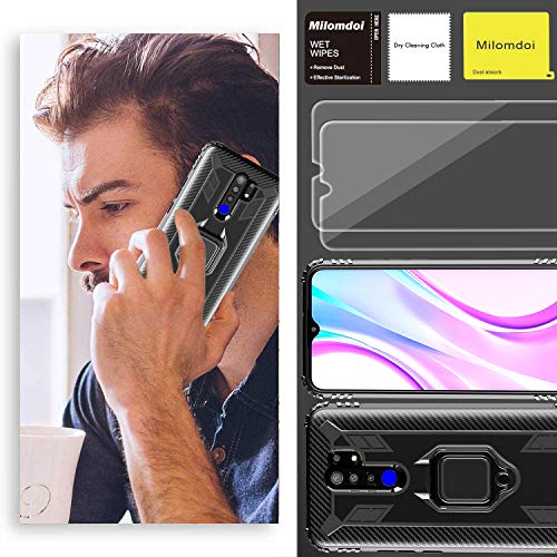 Milomdoi [Funda y 2 Unidades] Carcasa para Xiaomi Redmi 9 Funda con Protectores Pantalla Cristal Templado HD, Carcasa con 360 Grados Anillo iman Soporte y Silicona TPU Anti Caída Case-Negro