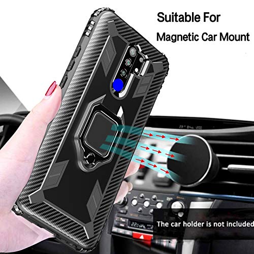 Milomdoi [Funda y 2 Unidades] Carcasa para Xiaomi Redmi 9 Funda con Protectores Pantalla Cristal Templado HD, Carcasa con 360 Grados Anillo iman Soporte y Silicona TPU Anti Caída Case-Negro