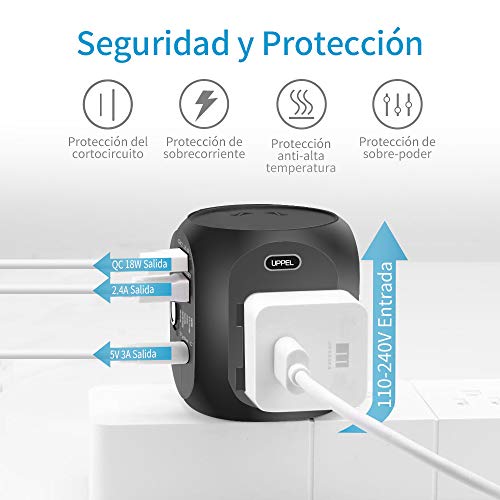 milool Adaptador Enchufe de Viaje Universal Adaptador con Tres Puertos USB y Tipo-C(3A) para EU AU US UK Más de 150 Países y Seguridad para Tableta PC,Smartphones,Cámaras,Reproductores de MP3 (Negro)