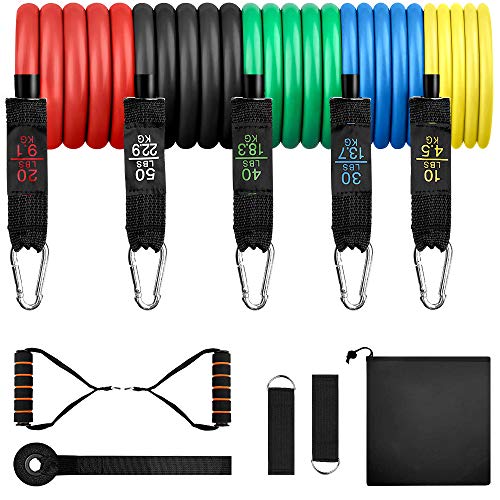 Mimore Bandas Elásticas 11 PCS Látex Bandas de Resistencia, 5 Tubos de Látex 10-150LBS/2 Asas de Mano/2 Enganches de Tobillo/Ancla de Puerta/Bolsa de Transporte, Adecuado Ejercicio en Casa Mimore Bandas Elásticas 11 PCS Látex Bandas de Resistencia, 5 Tubos de Látex 10-150LBS/2 Asas de Mano/2 Enganches de Tobillo/Ancla de Puerta/Bolsa de Transporte, Adecuado Ejercicio en Casa