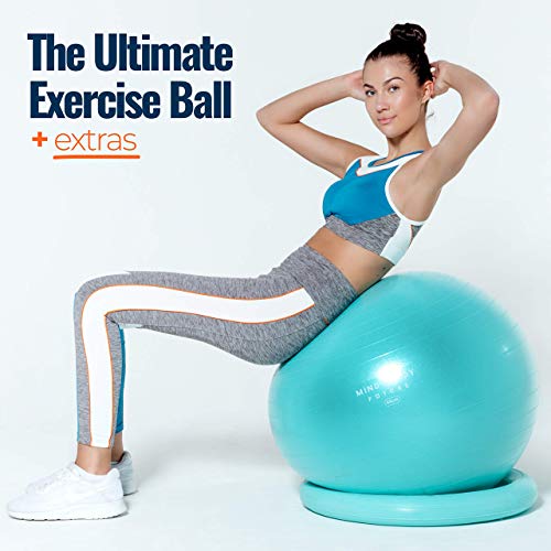 Mind Body Future Pelota Suiza o Gym Ball Bola para Pilates, Yoga, Fitness, Embarazo y Sentarse. Balón Robusto, Antideslizante y Hipoalergénico. Fitball 55 cm con Base y Bomba. Turquesa