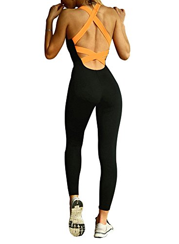 Minetom Las Mujeres Elásticos Sports Cintura Deportivos Sin Mangas Pantalones Sin Espalda De Deporte Mosaico De Mono Fitness Yoga Naranja EU M