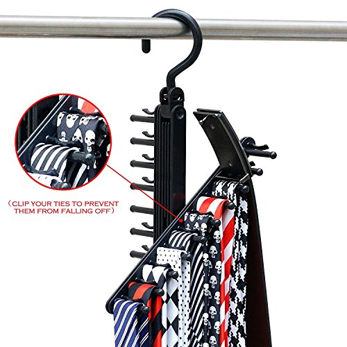 MINGZE 2pcs Perchas para Corbatas y Cinturones, Cruzar Corbata Percha, Negro 20 Tie Belt Rack Organizer Hanger Clips Antideslizantes Rotación de 360 Grados