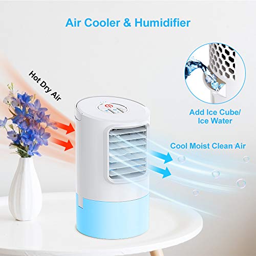 Mini Enfriador de Aire, Mini Acondicionador de Aire Móvil, 4 en 1 Climatizadores Evaporativos con Función de Humidificación, 2 Temporizadores/3 Niveles de Potencia/7 Colores Luz, Perfecto Regalo