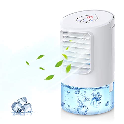 Mini Enfriador de Aire, Mini Acondicionador de Aire Móvil, 4 en 1 Climatizadores Evaporativos con Función de Humidificación, 2 Temporizadores/3 Niveles de Potencia/7 Colores Luz, Perfecto Regalo