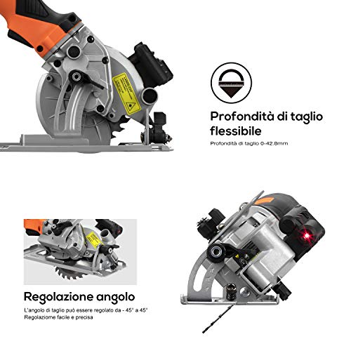 Mini sierra circular, sierra eléctrica Galax Pro 705W 3500RPM, guía láser, corte máximo 42,8 mm (90°), 28 mm (45°), sistema de aspiración para el polvo, guardia paralela a la hoja