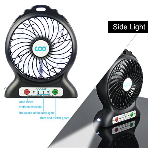 Mini Ventilador USB, COO Mini USB Ventilador de Mesa Recargable con Luz de Flash, Ventiladores de Escritorio Mesa para la Sala Ordenador Portátil Oficina Viaje y al Aire Libre etc (Negro)