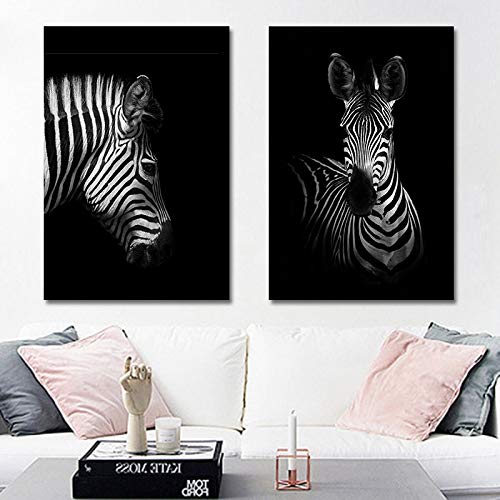 mmwin Blanco y Negro Simple Animal Jirafa Elefante Rinoceronte Cebra Lienzo Pintura decoración del hogar Pintura J 60X100CM * 2