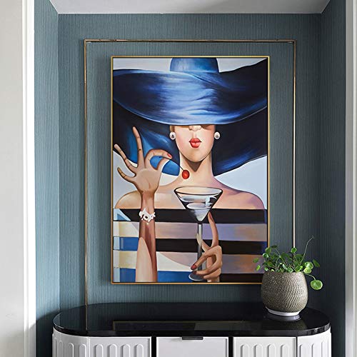 mmwin Elegant Top Hat Lady Canvas Painting Vintage Girl Wall Art Picture For Living Room Pasillo Studio Decoración del hogar Poster w 30x45cm