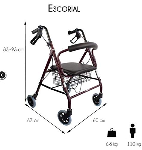 Mobiclinic, Andador para ancianos, Modelo Escorial, Marca española, Plegable, Frenos manuales y bloqueables, Aluminio, Con cesta, Ligero y resistente, Con asiento y 4 ruedas, Color Burdeos Mobiclinic, Andador para ancianos, Modelo Escorial, Marca española, Plegable, Frenos manuales y bloqueables, Aluminio, Con cesta, Ligero y resistente, Con asiento y 4 ruedas, Color Burdeos