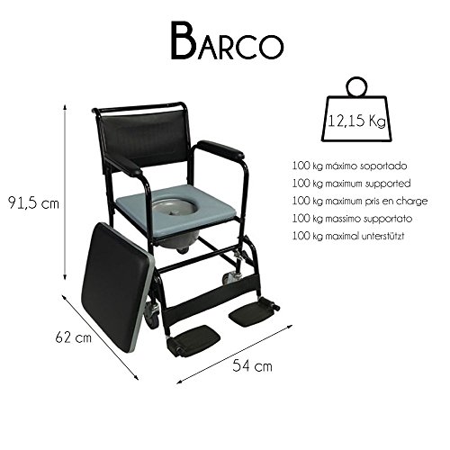 Mobiclinic, Barco, Silla con WC o inodoro para ancianos, discapacitados, minusválidos, Silla orinal con ruedas, Plegable, Reposabrazos, Asiento ergonómico, Conteras antideslizates, color Negro Mobiclinic, Barco, Silla con WC o inodoro para ancianos, discapacitados, minusválidos, Silla orinal con ruedas, Plegable, Reposabrazos, Asiento ergonómico, Conteras antideslizates, color Negro