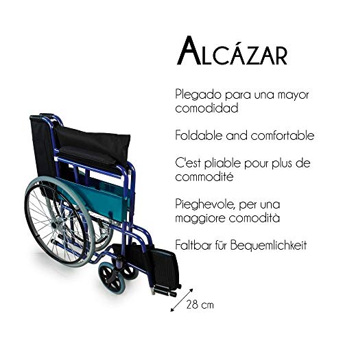 Mobiclinic, modelo Alcázar, Silla de ruedas ortopédica, plegable, para minusválidos, manual, freno en manetas, reposabrazos fijos y reposapiés abatibles, color Azul/Negro, asiento 46 cm Mobiclinic, modelo Alcázar, Silla de ruedas ortopédica, plegable, para minusválidos, manual, freno en manetas, reposabrazos fijos y reposapiés abatibles, color Azul/Negro, asiento 46 cm