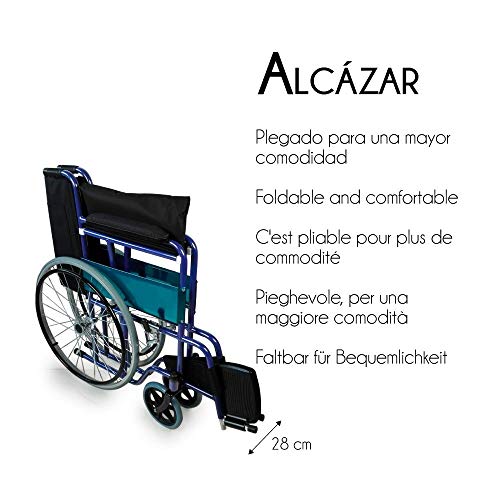 Mobiclinic, modelo Alcázar, Silla de ruedas ortopédica, plegable, para minusválidos, manual, freno en manetas, reposabrazos fijos y reposapiés abatibles, color Azul/Negro, asiento 46 cm