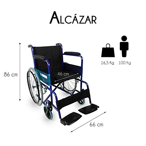 Mobiclinic, modelo Alcázar, Silla de ruedas ortopédica, plegable, para minusválidos, manual, freno en manetas, reposabrazos fijos y reposapiés abatibles, color Azul/Negro, asiento 46 cm Mobiclinic, modelo Alcázar, Silla de ruedas ortopédica, plegable, para minusválidos, manual, freno en manetas, reposabrazos fijos y reposapiés abatibles, color Azul/Negro, asiento 46 cm
