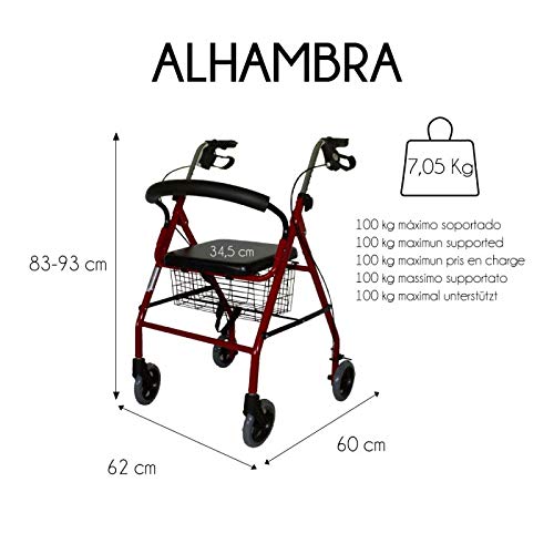 Mobiclinic, Modelo Alhambra, Andador para mayores, minusválidos, adultos o ancianos, de aluminio, ligero, plegable, con asiento y 4 ruedas, Color Granate