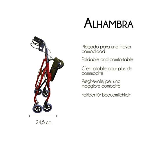 Mobiclinic, Modelo Alhambra, Andador para mayores, minusválidos, adultos o ancianos, de aluminio, ligero, plegable, con asiento y 4 ruedas, Color Granate