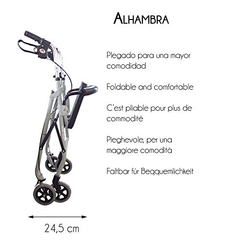 Mobiclinic, Modelo Alhambra, Rollator de 4 ruedas, Andador para minusválidos, mayores, adultos o ancianos, ayuda para caminar, aluminio, ligero, plegable, con asiento y 4 ruedas, gris