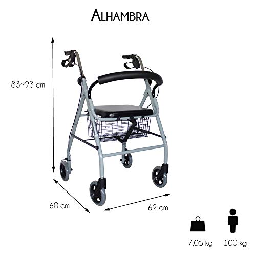 Mobiclinic, Modelo Alhambra, Rollator de 4 ruedas, Andador para minusválidos, mayores, adultos o ancianos, ayuda para caminar, aluminio, ligero, plegable, con asiento y 4 ruedas, gris