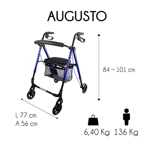 Mobiclinic, Modelo Augusto, Andador para adultos, minusvalidos, mayores o ancianos, de aluminio, ligero, plegable, con asiento y 4 ruedas, Color Azul