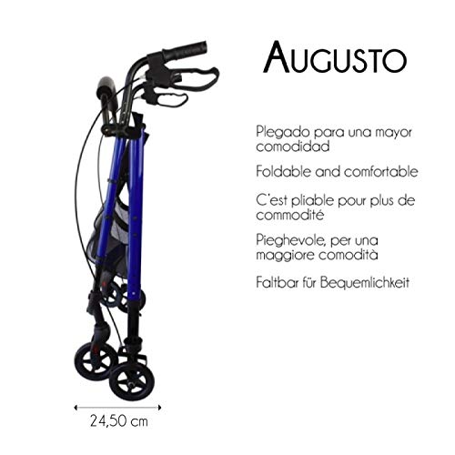 Mobiclinic, Modelo Augusto, Andador para adultos, minusvalidos, mayores o ancianos, de aluminio, ligero, plegable, con asiento y 4 ruedas, Color Azul