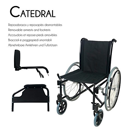 Mobiclinic, modelo Catedral, Silla de ruedas plegable, ortopédica, para minusválidos, manual, freno en manetas, reposapiés y reposabrazos extraíbles, color Negro, asiento, ultraligera