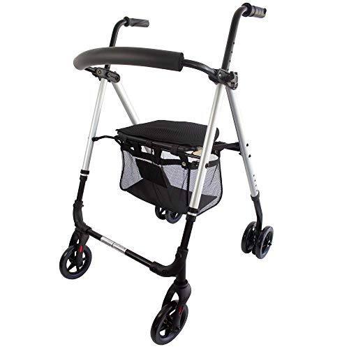 Mobiclinic, Modelo Dehesa, Andador para minusvalidos, adultos, mayores o ancianos, de aluminio, ligero, plegable, con asiento y 4 ruedas, Color Gris Perlado