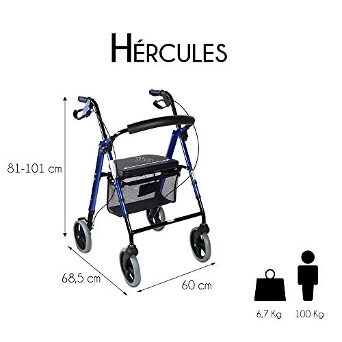 Mobiclinic, Modelo Hércules, Rollator para ancianos y minusválidos, andador para mayores, de aluminio, ligero, cesta, frenos en los puños, plegable, con asiento y 4 ruedas, azul Mobiclinic, Modelo Hércules, Rollator para ancianos y minusválidos, andador para mayores, de aluminio, ligero, cesta, frenos en los puños, plegable, con asiento y 4 ruedas, azul