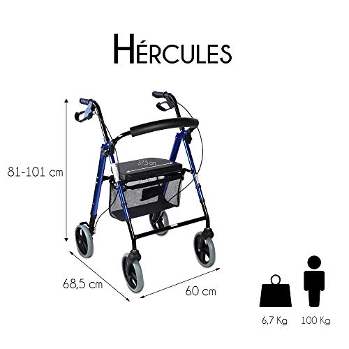 Mobiclinic, Modelo Hércules, Rollator para ancianos y minusválidos, andador para mayores, de aluminio, ligero, cesta, frenos en los puños, plegable, con asiento y 4 ruedas, azul