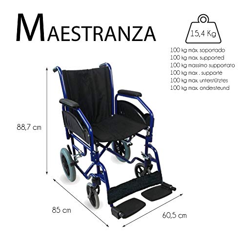 Mobiclinic, Modelo Maestranza, Silla de ruedas ortopédica, plegable, para minusválidos, de aluminio, freno en manetas, reposapiés y reposabrazos extraíbles, color Negro, asiento 40 cm, ultraligera