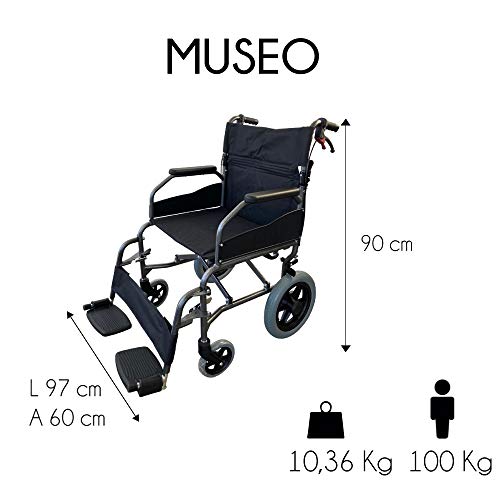 Mobiclinic, Modelo Museo, Silla de ruedas plegable de tránsito, para ancianos y minuválidos, ortopédica, de aluminio, freno en manetas, reposapiés, reposabrazos, color Negro, asiento, ultraligera