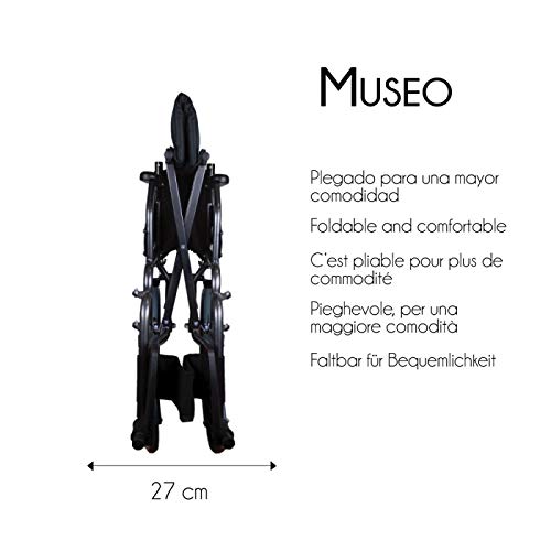 Mobiclinic, Modelo Museo, Silla de ruedas plegable de tránsito, para ancianos y minuválidos, ortopédica, de aluminio, freno en manetas, reposapiés, reposabrazos, color Negro, asiento, ultraligera