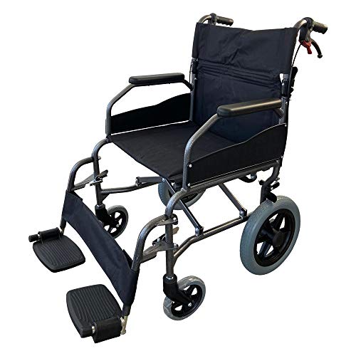 Mobiclinic, Modelo Museo, Silla de ruedas plegable de tránsito, para ancianos y minuválidos, ortopédica, de aluminio, freno en manetas, reposapiés, reposabrazos, color Negro, asiento, ultraligera