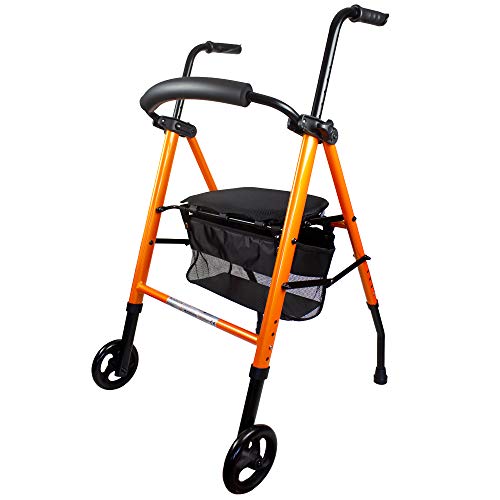 Mobiclinic, Modelo Nerón, Andador para minusvalidos, ancianos, mayores o adultos, de aluminio, ligero, plegable, con asiento, cesta y 2 ruedas, Color Naranja